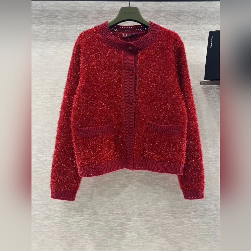 Gucci Red Shimmering Silver-Thread Wool Blend Crew Neck Knit Cardigan
